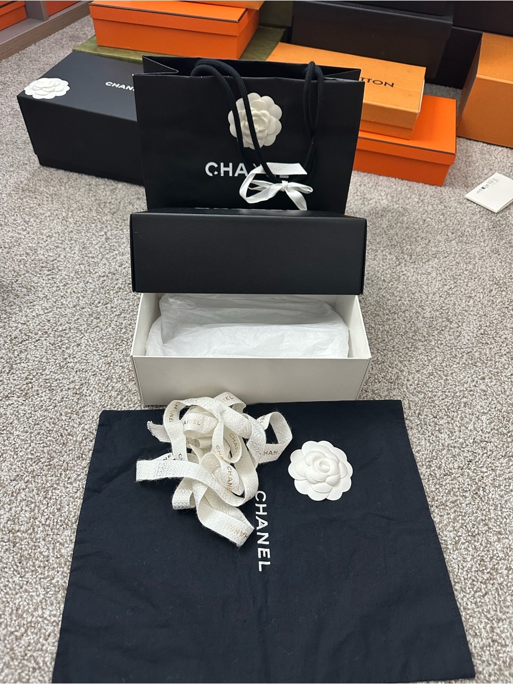 Chanel Black Drawstring Shopping Bag with White Camellia for mini to small bag